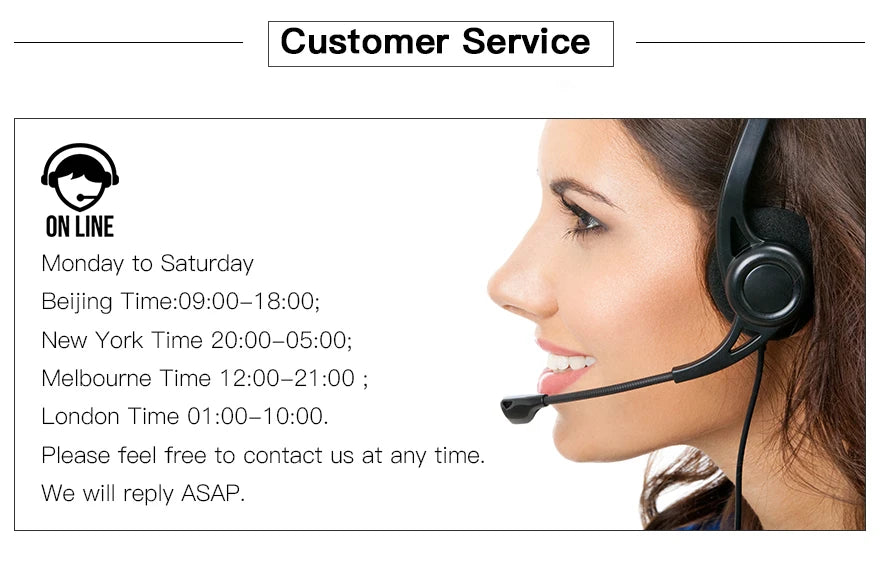 Black wired headset worn by a woman next to customer service hours for global time zones.
