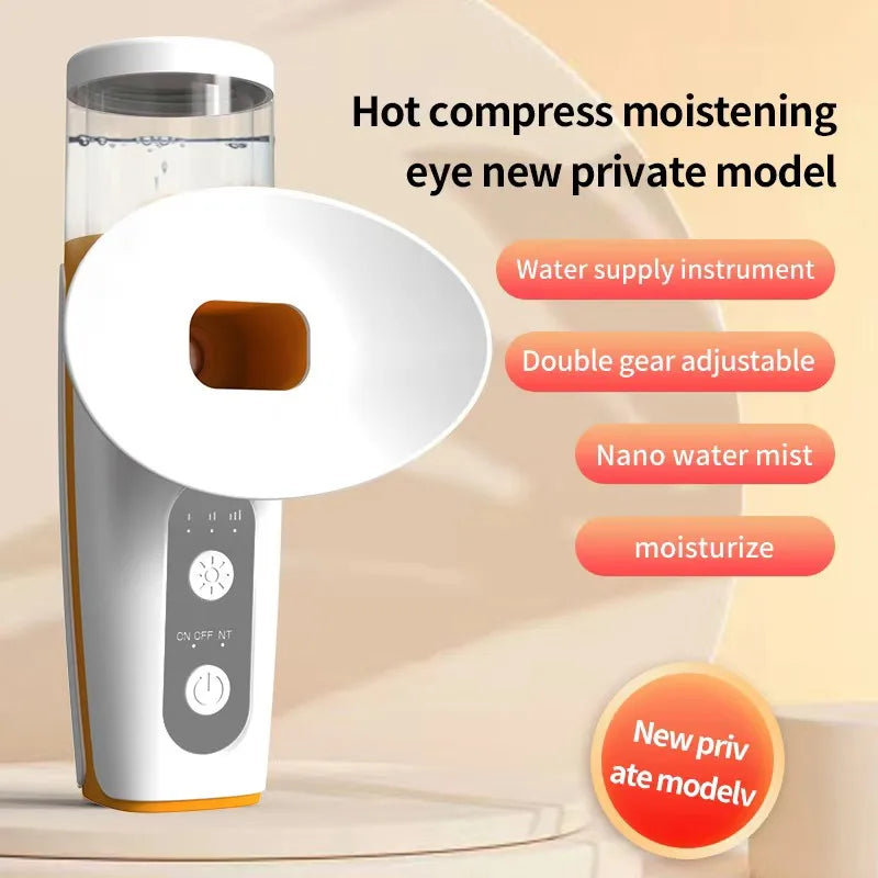 Portable USB eye moisturizer with hot compress, nano mist, and white, orange finish for soothing eye care at home.