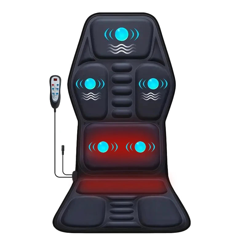 Black vibrating seat massage cushion with lumbar heat, integrated remote control, and six massage zones.