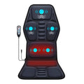 Black chair massage cushion with blue vibration indicators, heat zones, and a handheld corded remote controller.