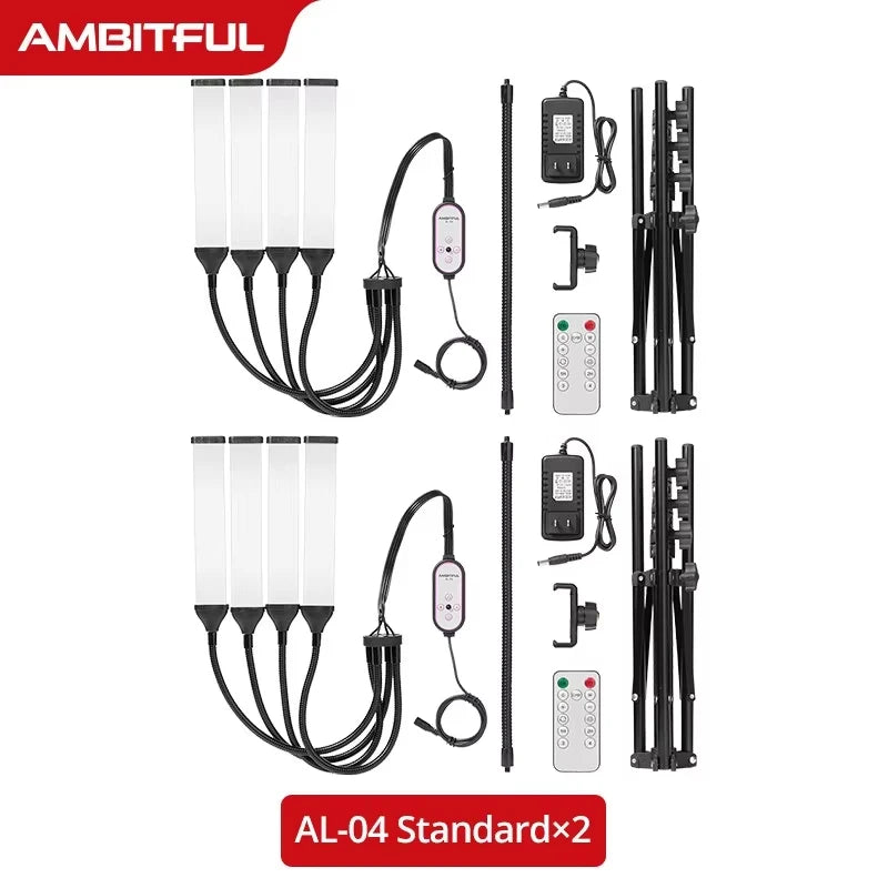 Two LED light strip kits with flexible arms, power adapters, remote controls, and black tripod stands for photography.