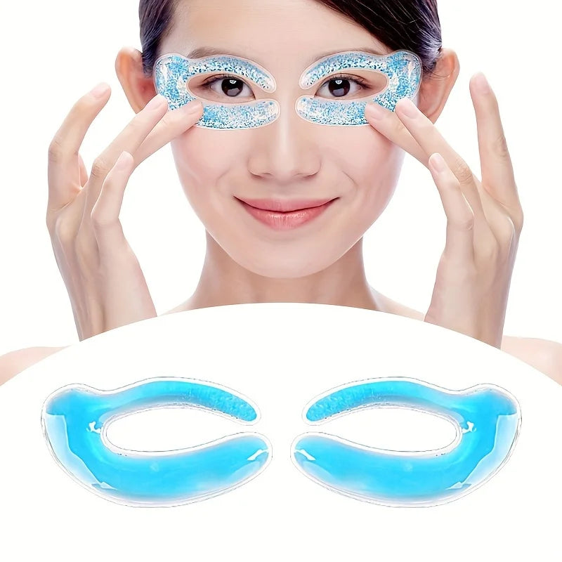 A woman wears crescent-shaped blue gel eye patches; a separate pair of blue gel patches is shown below.