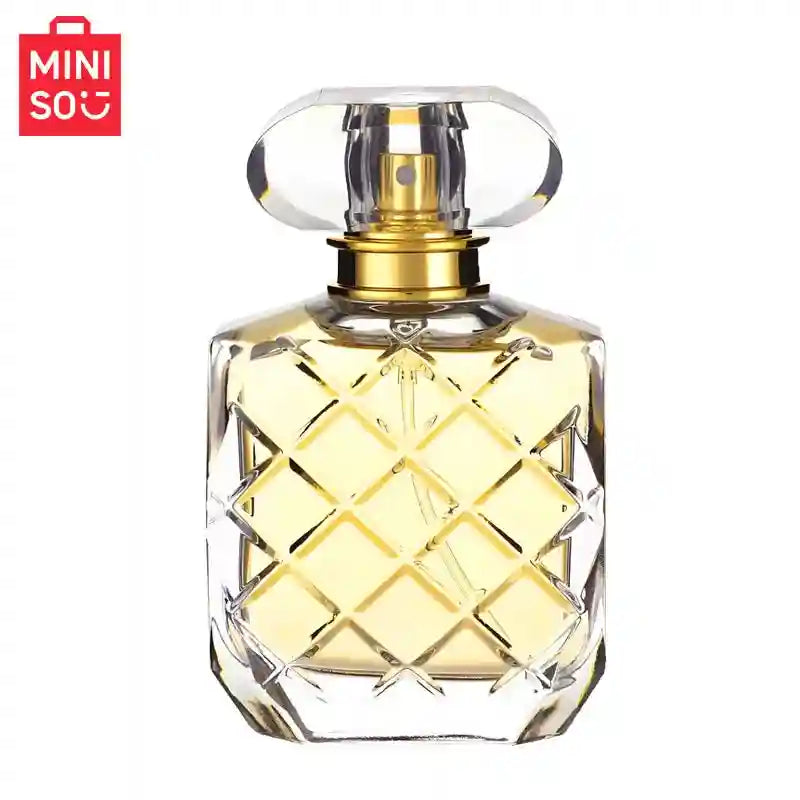MINISO Glowing Happiness women's EDP 50ml, luxury floral fruity perfume in a square quilted glass bottle with gold cap.