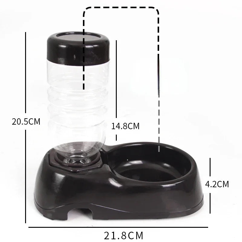 Automatic black pet water dispenser and food bowl with measurements for cats and dogs.