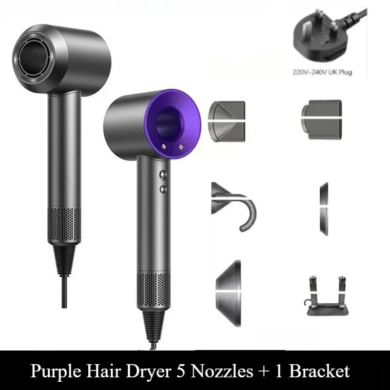 Grey and purple professional leafless ionic hair dryer with 5 nozzles, wall bracket, and UK plug for salon use.