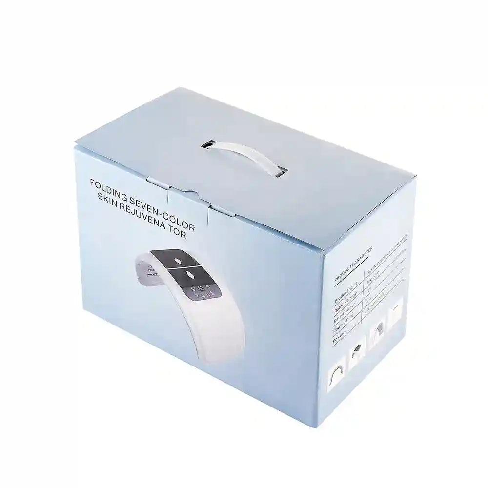 Light blue product box for a folding seven-color LED skin rejuvenation mask with a white handle.
