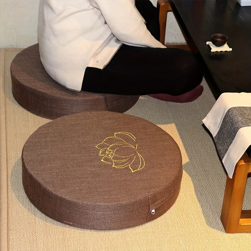 Handmade Embroidered Round Meditation Cushion Linen Yoga Seat with Foam Cotton Filling Non Slip Prayer Pillow