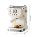 Cream-colored retro espresso machine with pressure gauge, milk frother, and dimensions, isolated on white background.