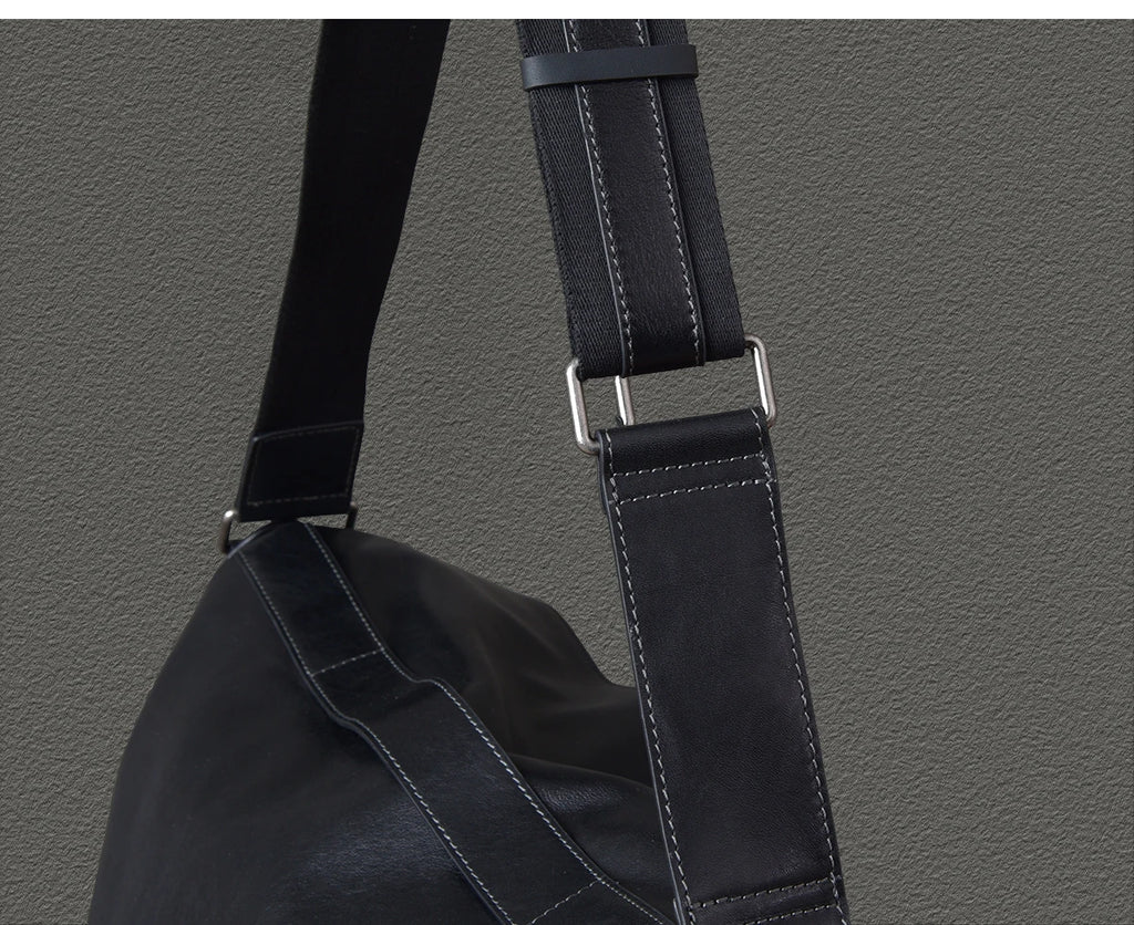 Retro Designer Men New Black Cowskin Genuine Leather Travel Bag Big Capacity Casual Tote Handbag Single Shoulder Crossbody Bag