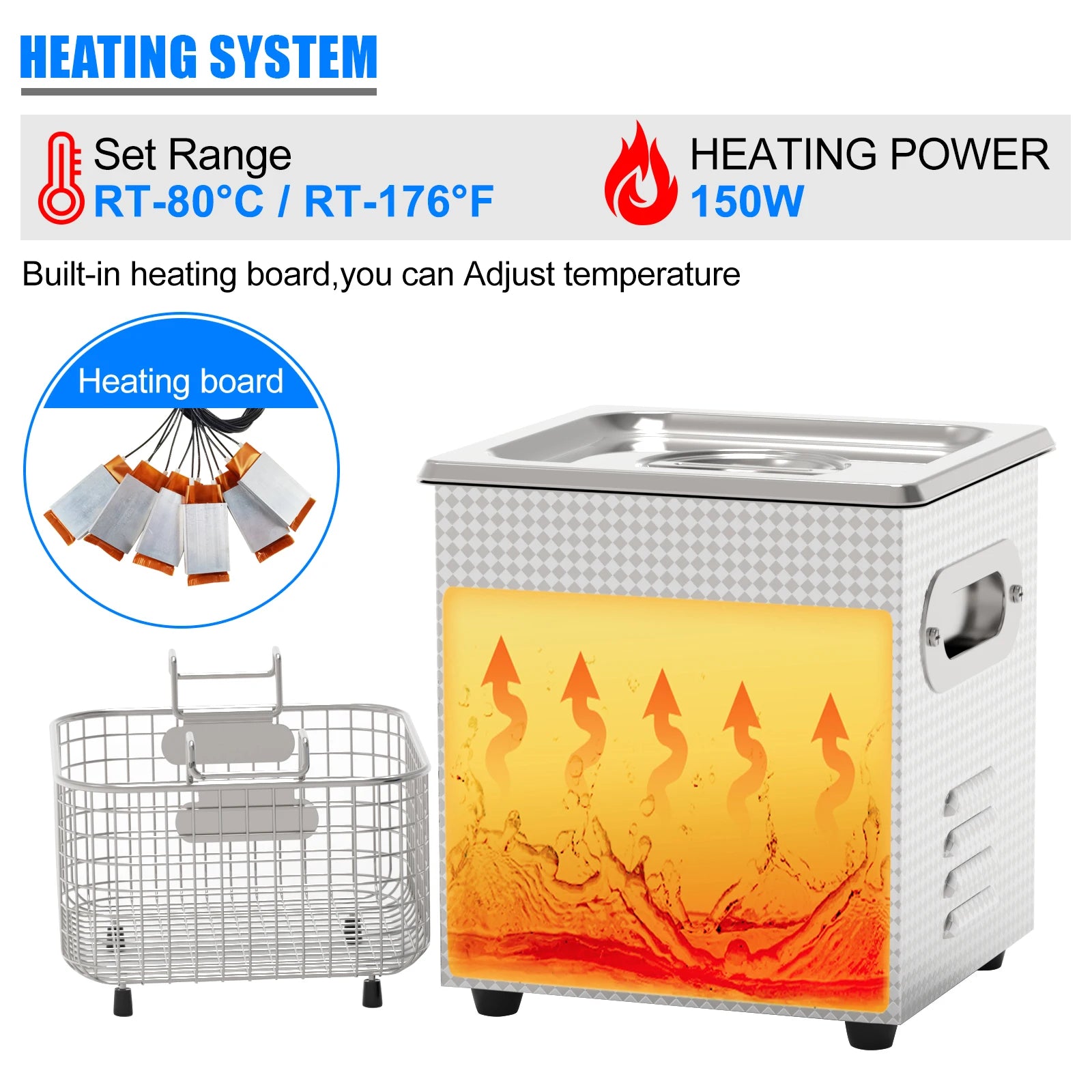 Tidesmit 1.3L ultrasonic jewelry cleaner showing digital display, heater settings, and stainless steel tank interior