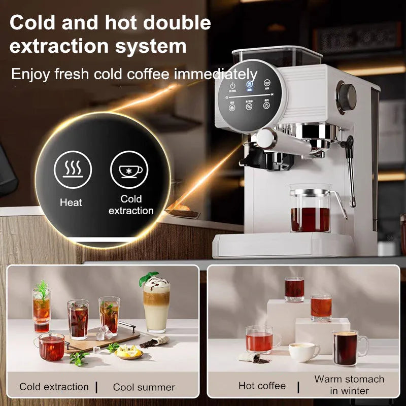 White espresso coffee machine with digital touch display for hot and cold extraction brewing.