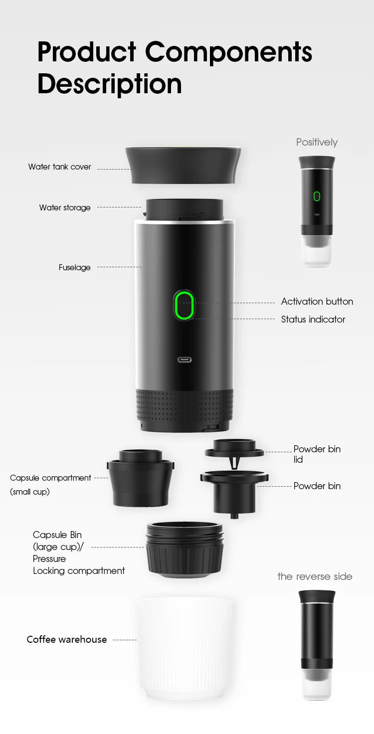 Exploded view of a black portable electric espresso coffee maker showing components, capsule, and powder bins.