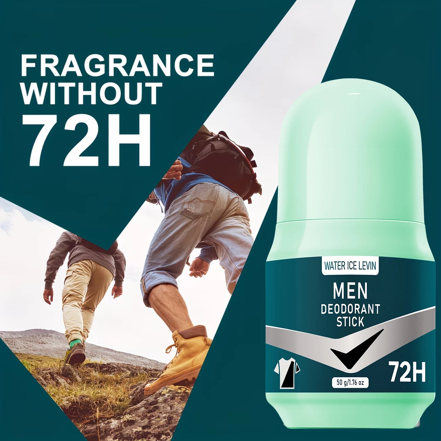 Water Ice Levin men's deodorant stick in mint green container, 72H anti-stain formula for men, 50g size.