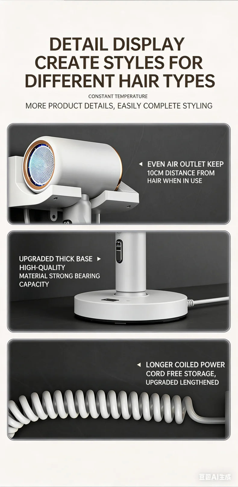 White wall-mounted 1800W hair dryer with LED display, durable thick base, and long coiled cord for hotel or home use.