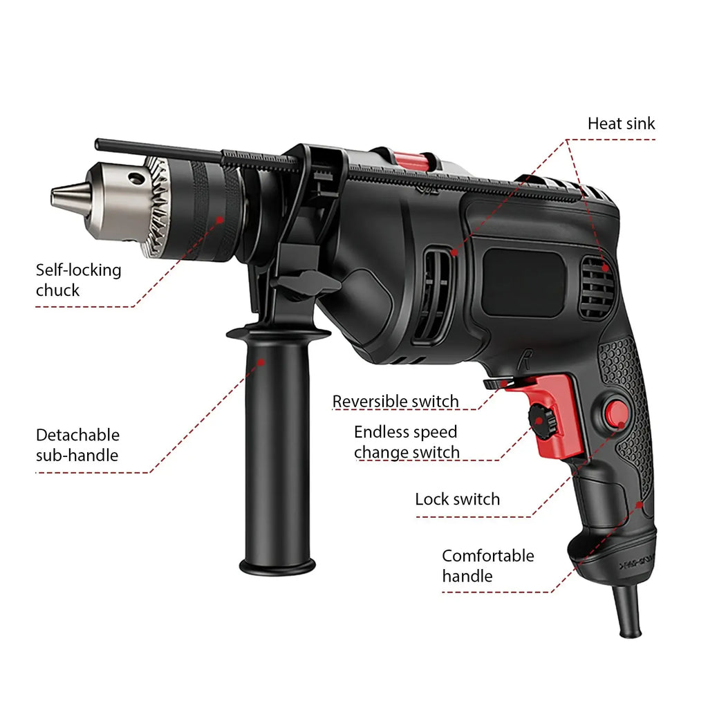 Black cordless electric drill with red button controls and labeled feature callouts