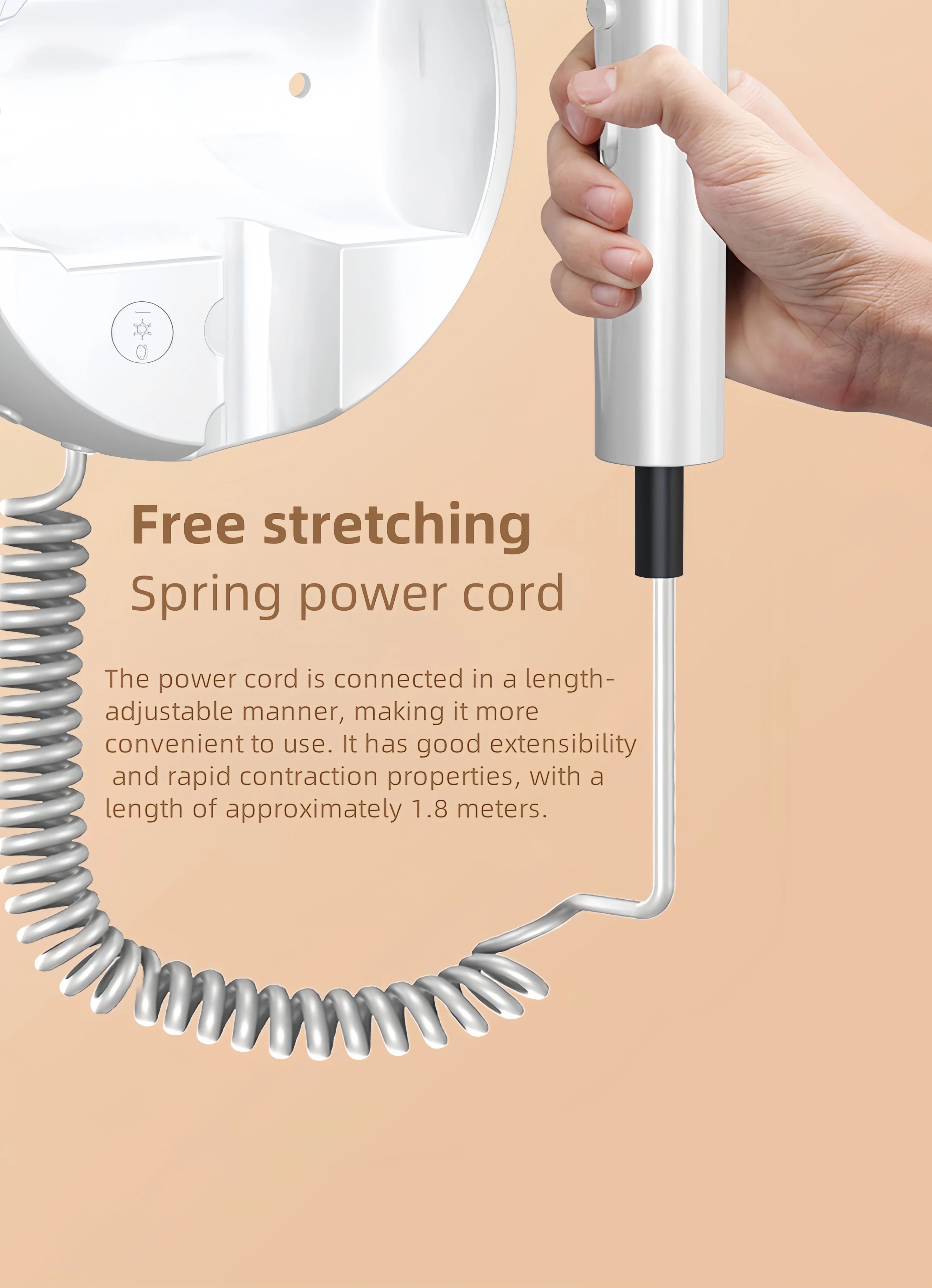 White wall-mounted hair dryer with 1.8m retractable spring cord for easy hotel or home use. 1800W, 3-speed settings.