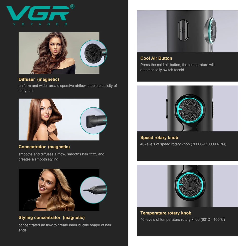 VGR V-401 professional hair dryer with magnetic attachments, 110k RPM brushless motor, and rotary speed/heat controls.