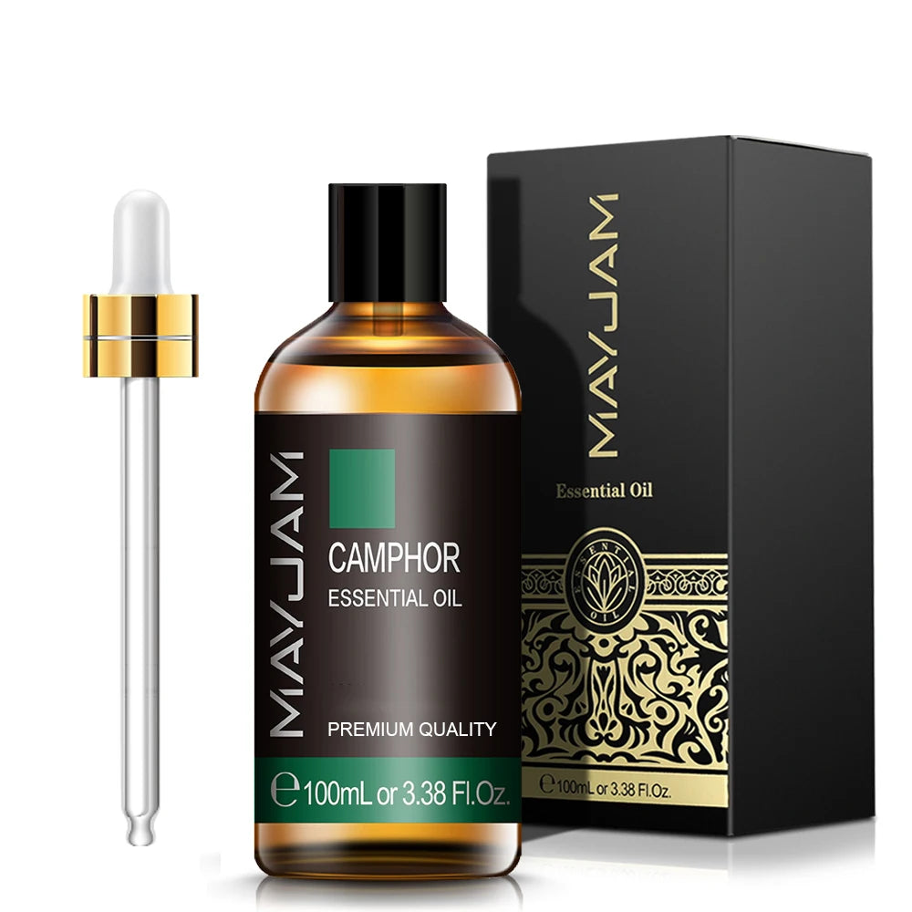 Camphor essential oil bottle, dropper applicator, and black gift box