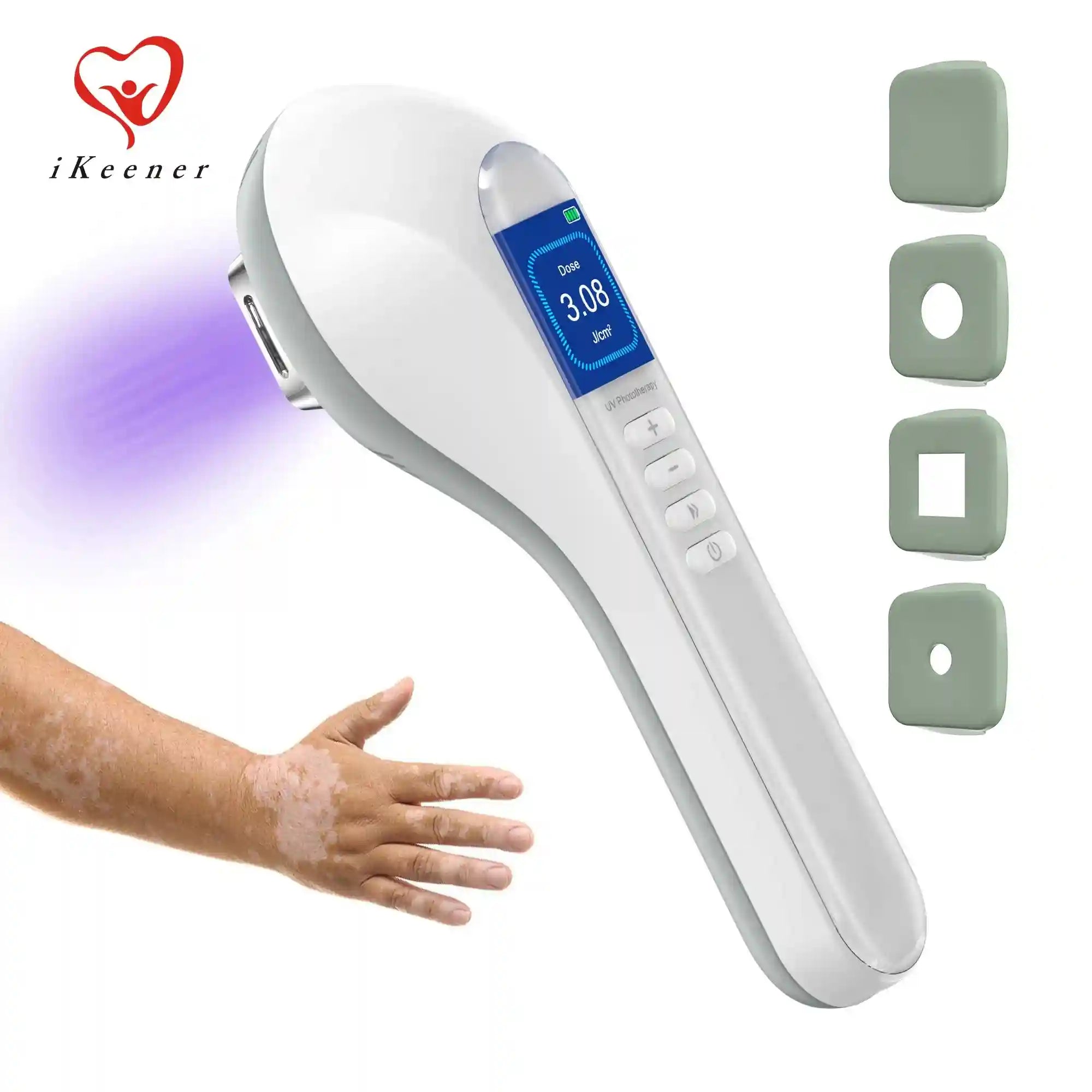 Handheld white UV phototherapy device for skin treatment with digital display, purple light emitter, and four