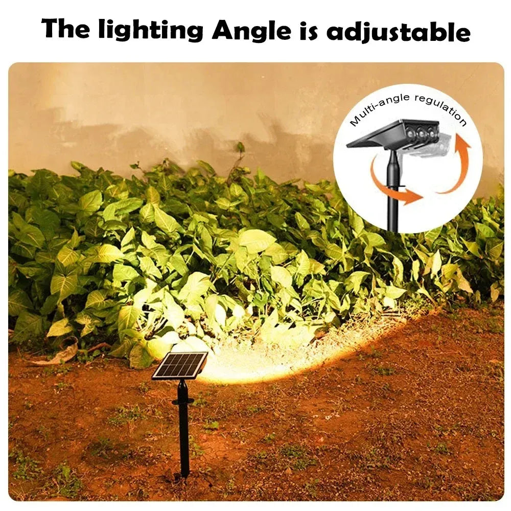 Black solar LED landscape spotlight illuminating garden foliage, with an inset showing angle adjustments.