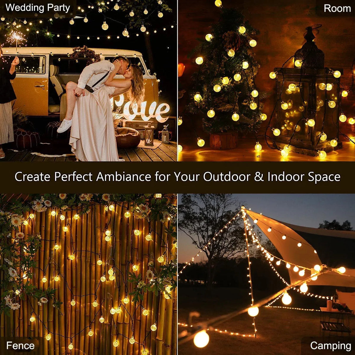 Warm glowing globe string lights for outdoor events on a fence and camping canopy
