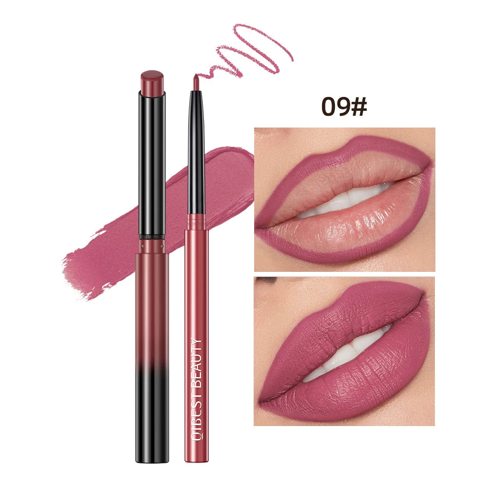 QIBEST matte velvet lipstick and lipliner pen set in dusty rose shade #09 with lip contour swatches.
