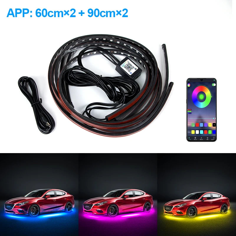 Flexible LED strip lights for car underglow with mobile app control, four strips in 60cm and 90cm lengths.