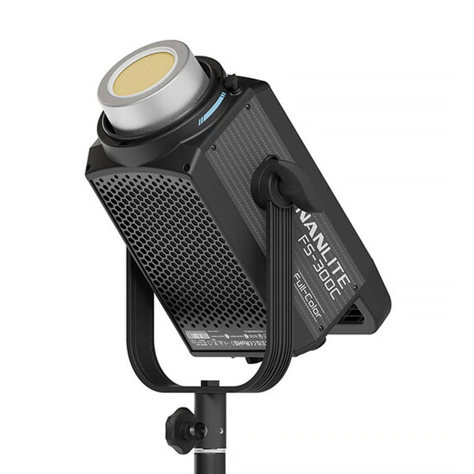 Nanlite FS-300C LED spotlight with a silver circular lens, black vented housing, and adjustable mounting bracket.