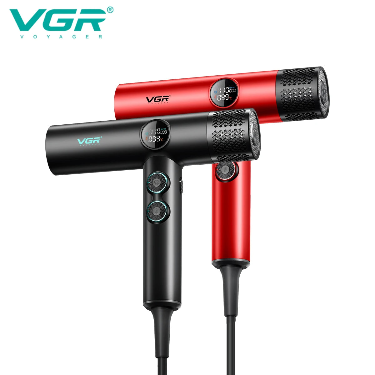 VGR V-401 professional BLDC hair dryer in black and red with digital display and high-speed motor for salon styling.