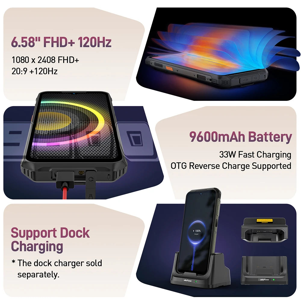 Ulefone Armor 21 16GB RAM 256GB ROM ，Android15  Helio G99 6nm, 64MP Camera,24MP Night Vision Camera ,9600mAh.6.58"120Hz.NFC