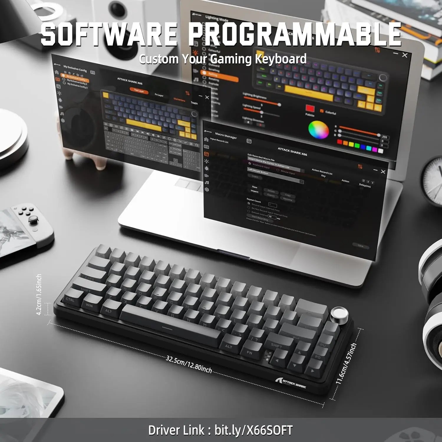 ATTACK SHARK X66 65% Wireless Mechanical Keyboard with Knob, 66 Keys Gasket Hot Swap RGB Gaming Keyboard, Linear Switch,