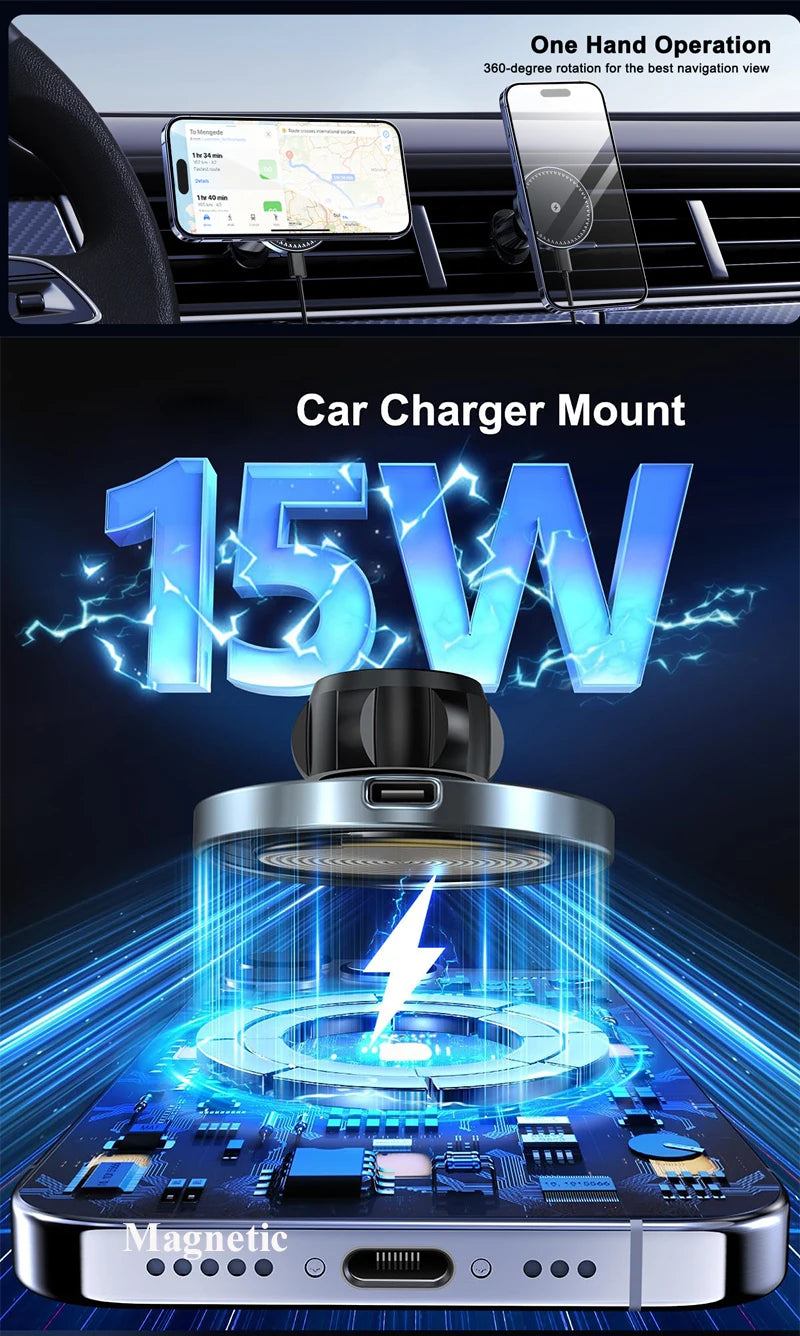 Magnetic Wireless Car Charger 15W - MagSafe Compatible Air Vent Mount Tidesmit