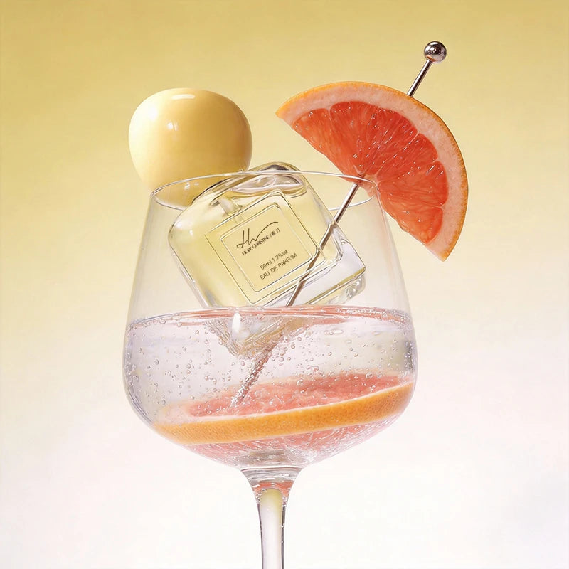 Hope Christine Pomelo EDP for women: 50ml square bottle with fresh citrus notes in a cocktail glass with grapefruit.