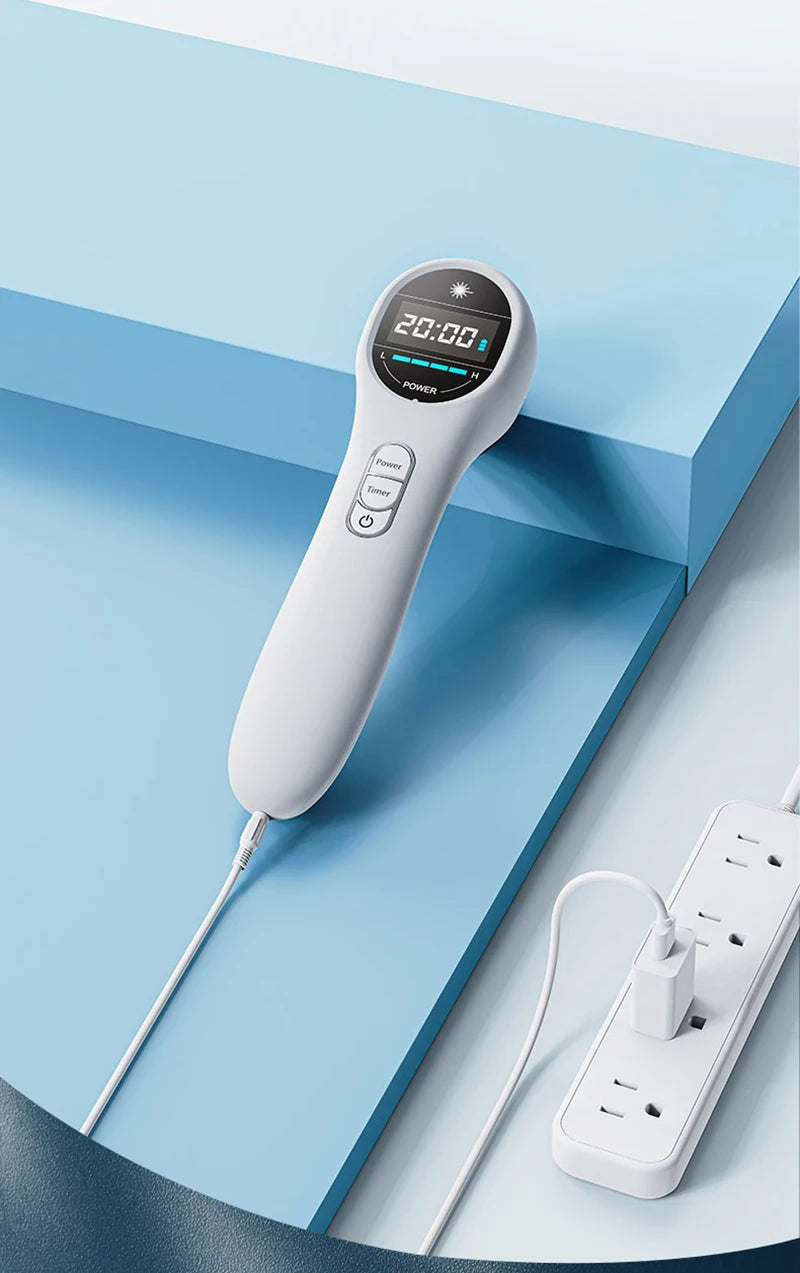 Handheld white infrared cold laser therapy device with LCD timer screen for home pain relief and physical treatment.