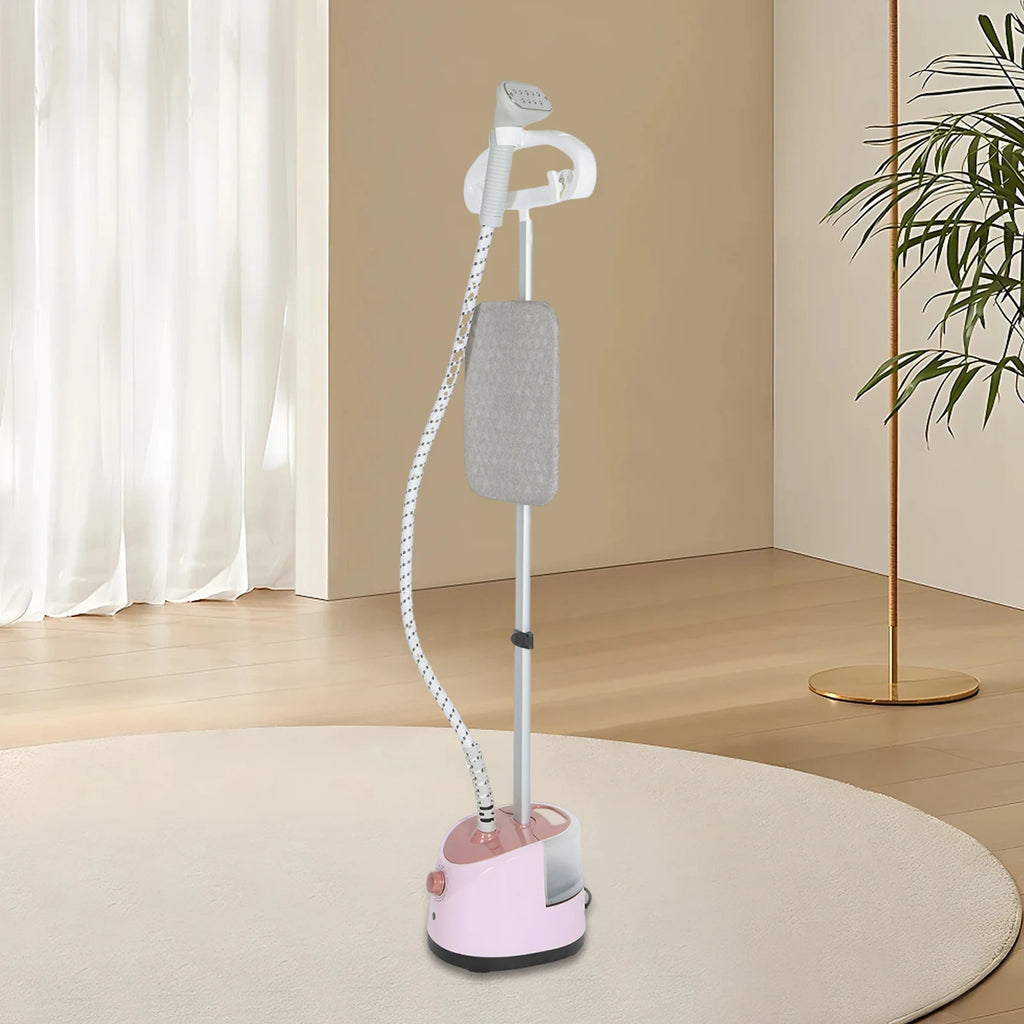 Tidesmit light pink standing garment steamer showing adjustable vertical and flat ironing features for clothes