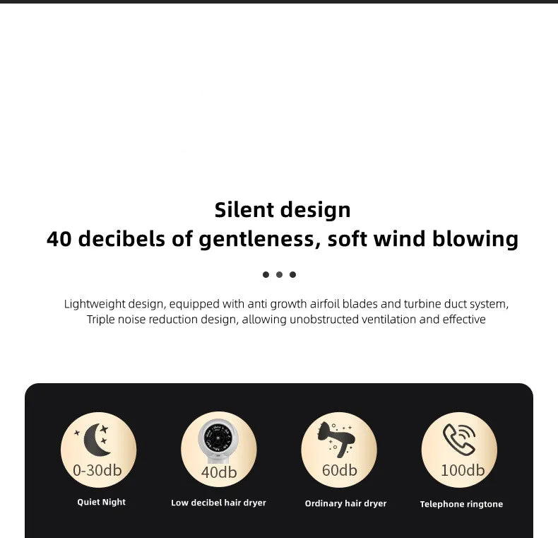 Silent white wall-mounted hair dryer with noise-reduction turbine system, 40dB quiet operation and blue light tech.