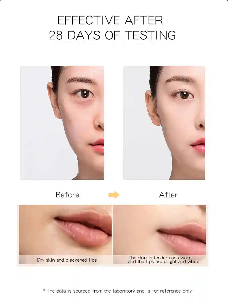 Before and after comparison of a woman's face and lips, showing skin improvement after 28 days of testing.