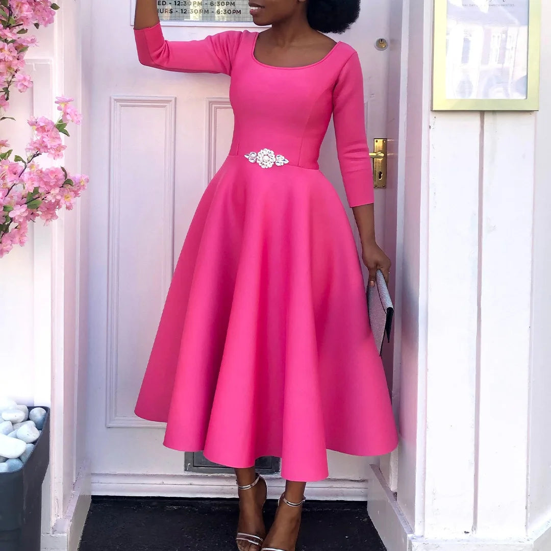 Elegant Pure Color Maxi Dress Evening Gown A- Line Skirt Polyester Fabric round Neck Short Sleeve High Waist Midi Dress