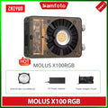 MOLUS X100 RGB rectangular video light with semi-transparent shell, circular cooling fan, reflector, and power adapter.