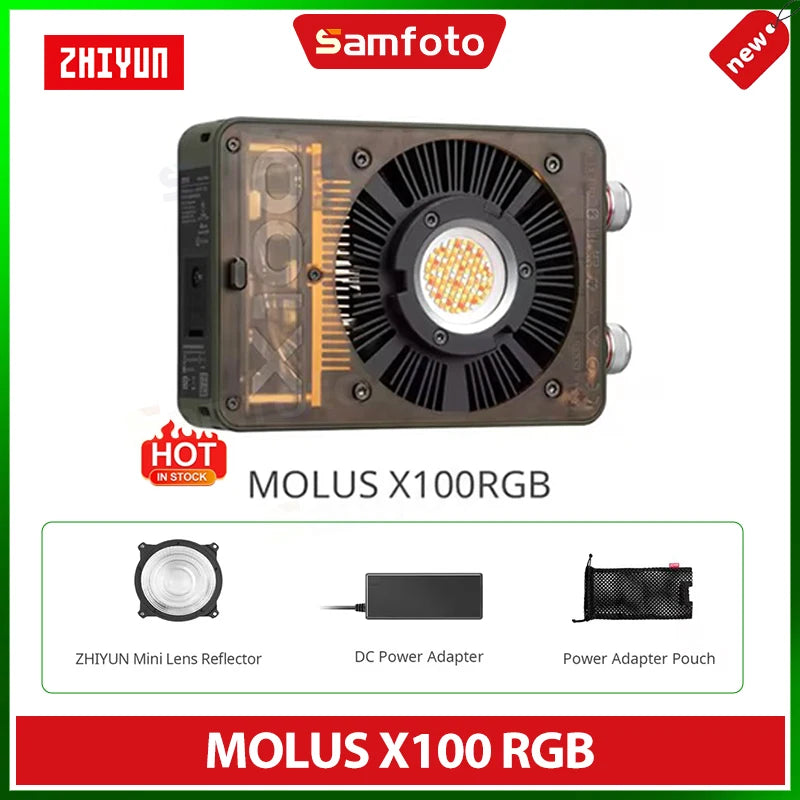 MOLUS X100 RGB rectangular video light with semi-transparent shell, circular cooling fan, reflector, and power adapter.