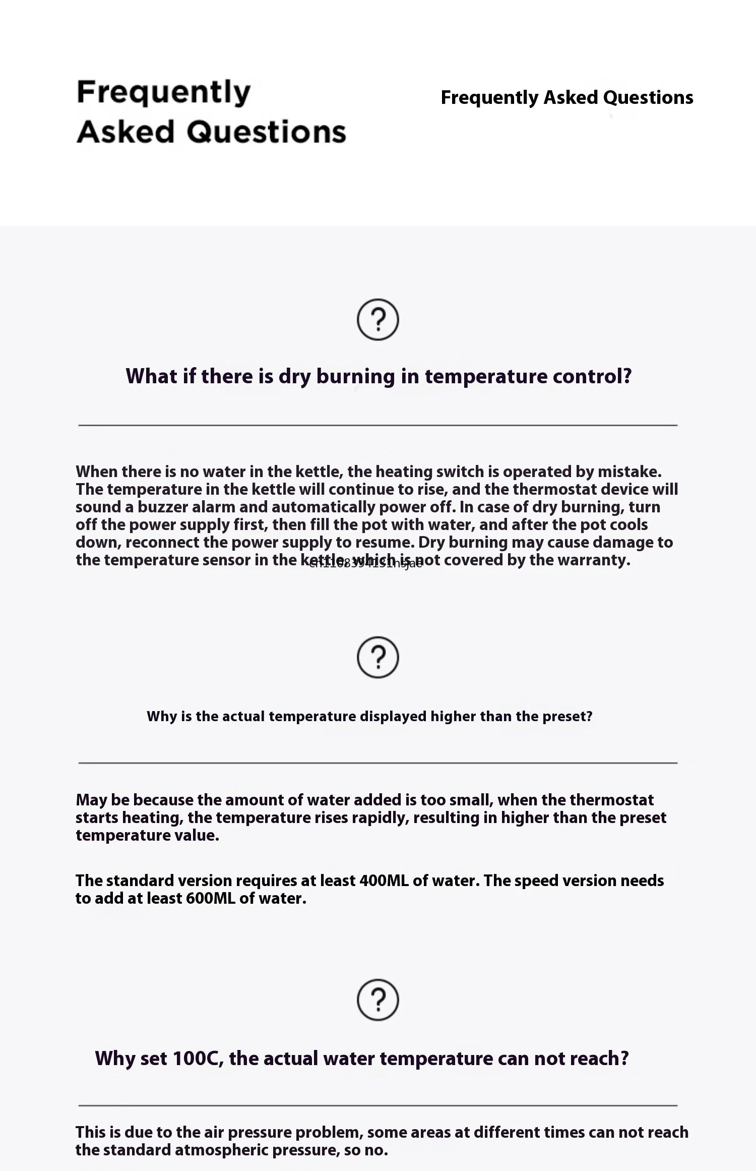 FAQ guide for electric kettle, covering dry burning protection, temperature control, and water volume requirements.