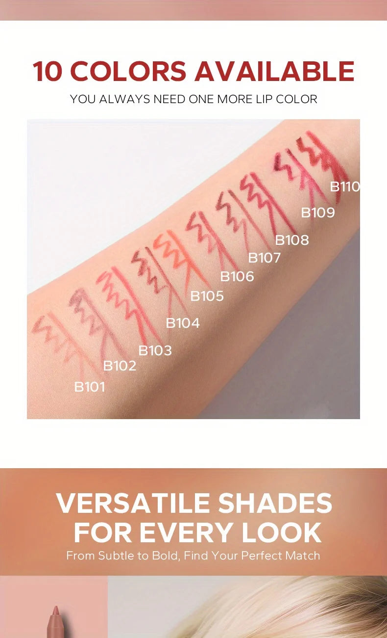 Beauty Glazed 10-color matte lip liner set swatches showing highly pigmented, waterproof shades from nude to bold red.