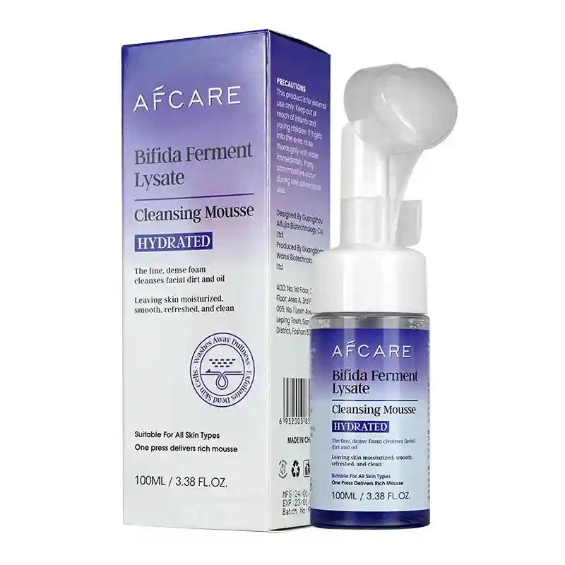 AFCARE Bifida Ferment Lysate cleansing mousse bottle with pump and matching purple and white box packaging.
