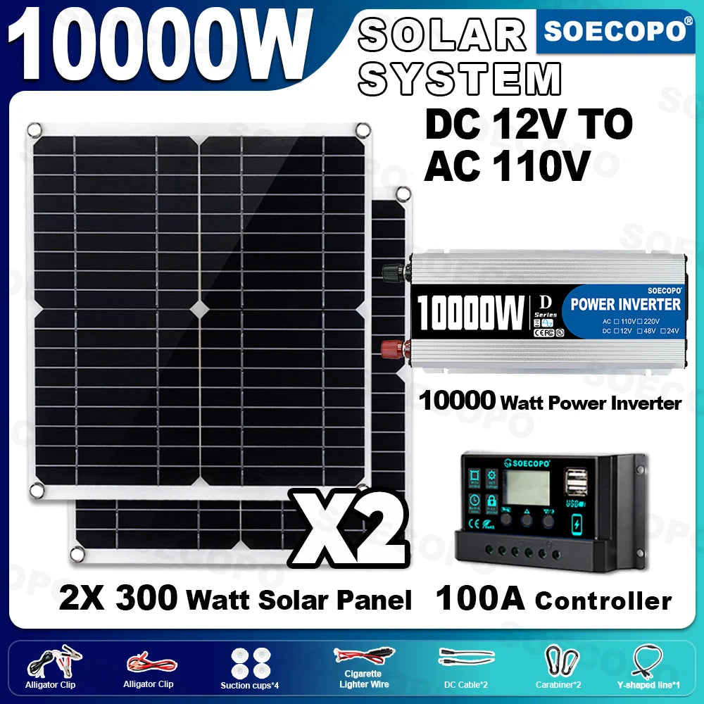 SOECOPO10000W Peak Solar System Kit 2x300W Solar Panels DC 12V 24V - AC 110V/220V Inverter 100A Controller for Home Camping