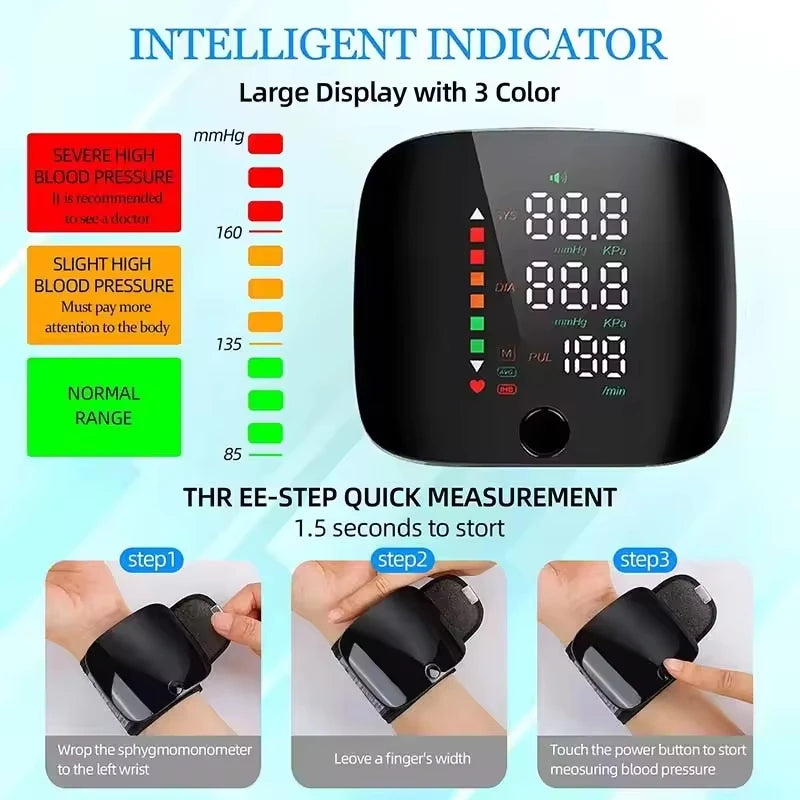 Voice Portable LED Wrist Blood Pressure Monitor Portable Rechargeable Digital Tonometer Sphygmomanometer BP Monitor
