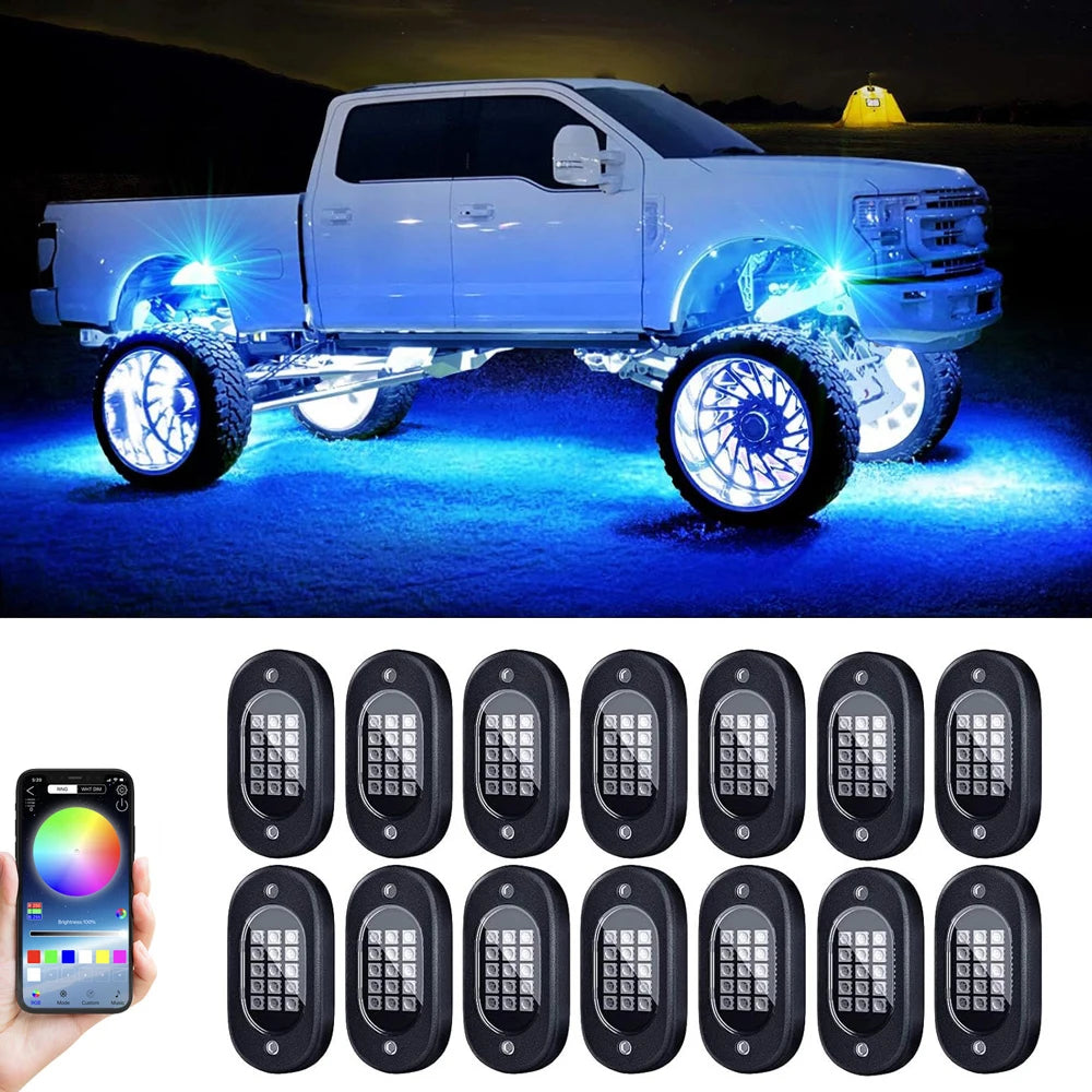 RGB LED Rock Lights for Trucks - App Controlled Neon Underglow Kit 14 pods Tidesmit