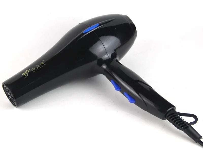 Black professional hair dryer with blue speed and heat control buttons, ideal for salon or home hair styling use.