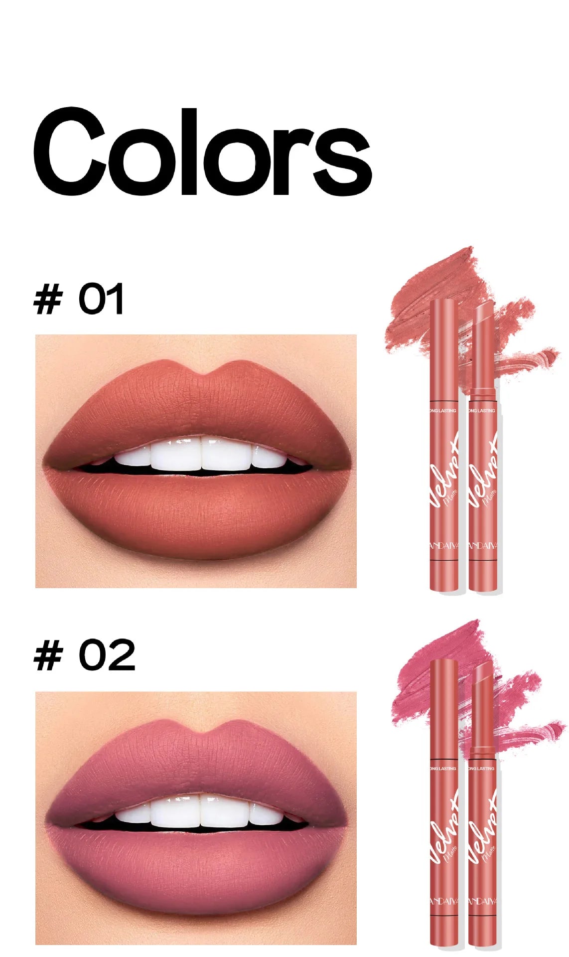 8-piece Korean velvet matte lipstick set in various shades with smooth, long-lasting color swatches on lips.