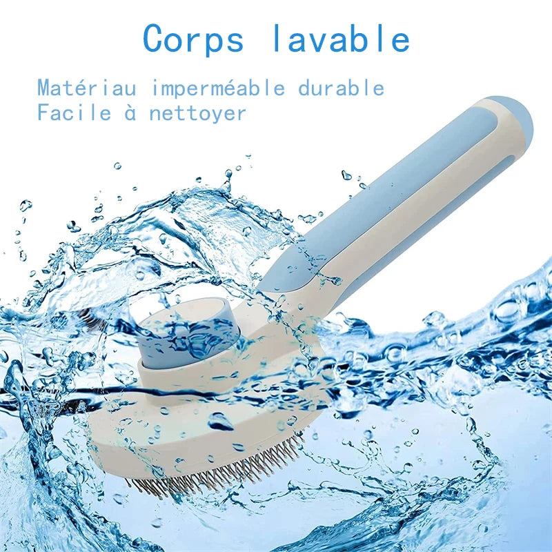 Self-cleaning blue waterproof slicker brush for dogs and cats to easily remove tangled pet hair and fur.