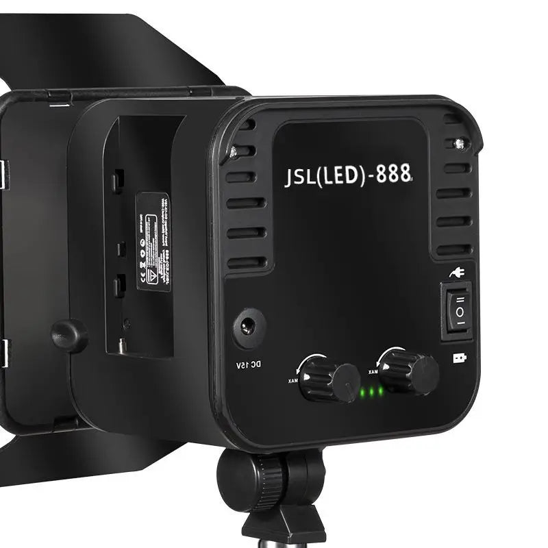 Black JSL(LED)-888 rectangular photography light with metal barn doors, control knobs, and power switch.